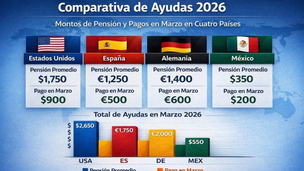 Comparativa de ayudas 2026: montos de pensión y pagos en marzo en cuatro países